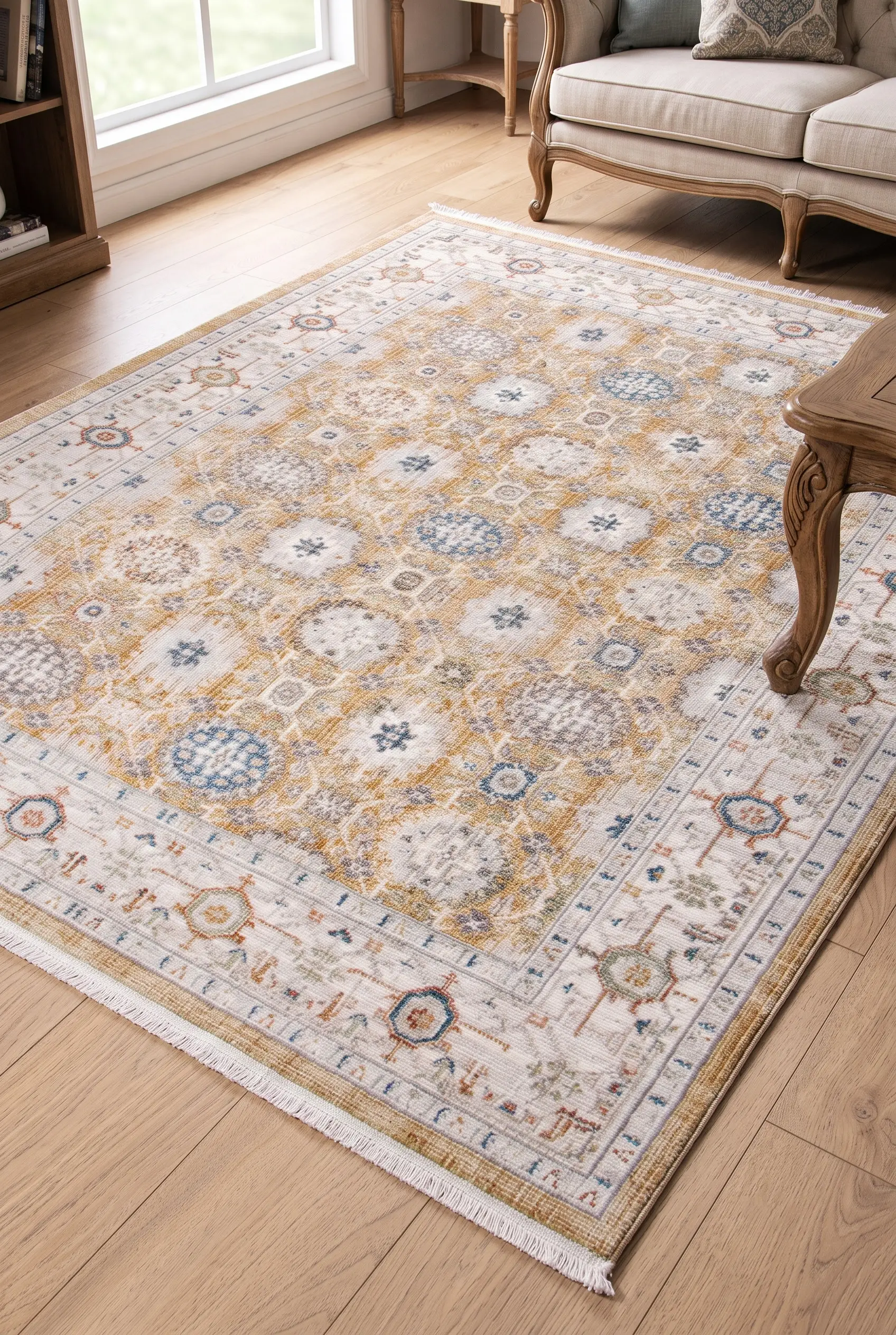 Afife Antik Dokuma Halı Otantik Orient Desenli Salon Oturma Odası Halısı Klasik Çerçeve Desenli Ekstra Yumuşak Modern Halı - Sarı