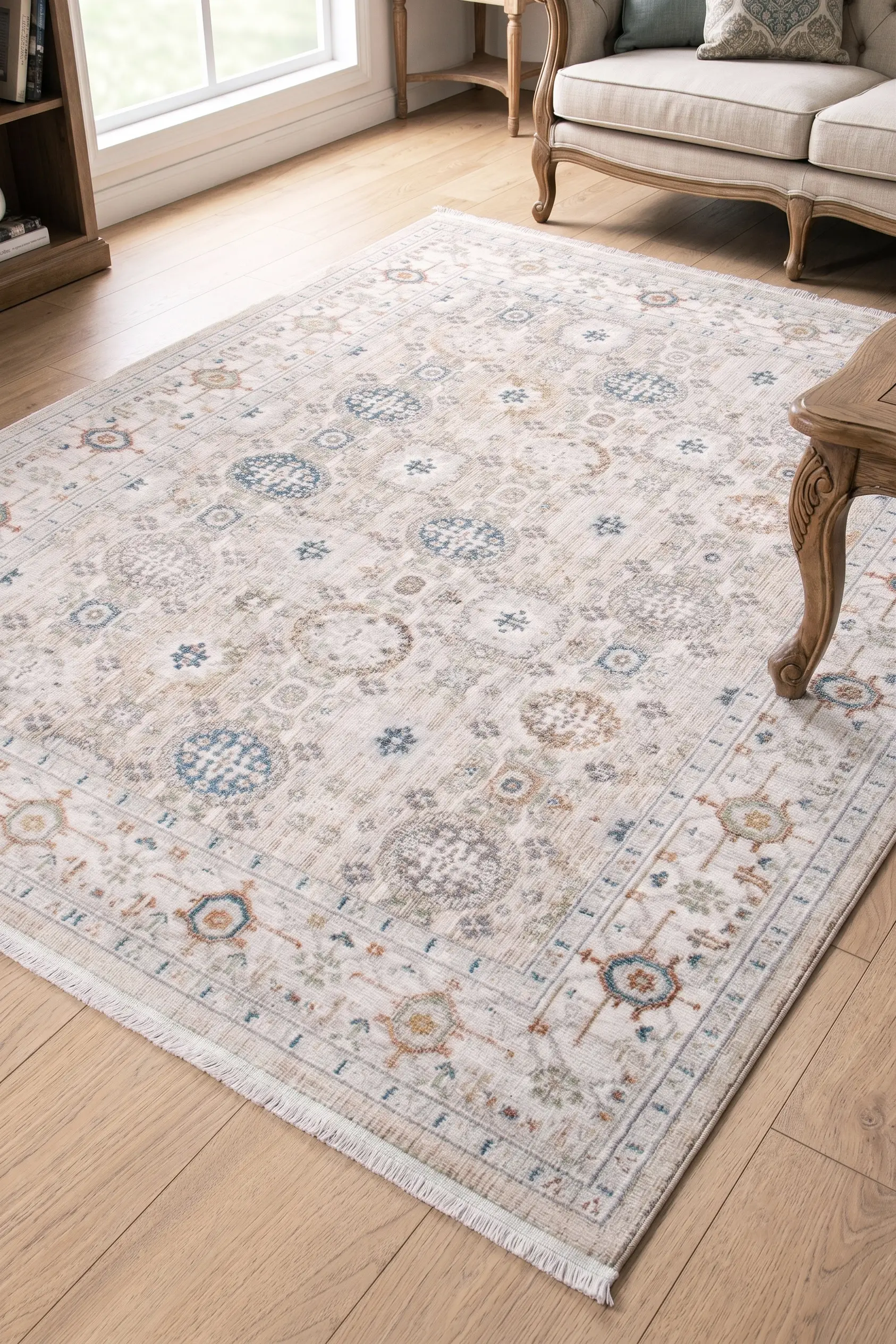 Afife Antik Dokuma Halı Otantik Orient Desenli Salon Oturma Odası Halısı Klasik Çerçeve Desenli Ekstra Yumuşak Modern Halı - Bej