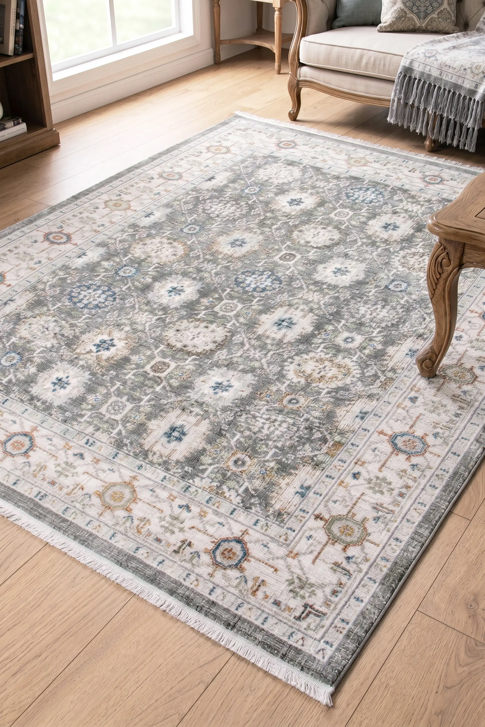 Afife Antik Dokuma Halı Otantik Orient Desenli Salon Oturma Odası Halısı Klasik Çerçeve Desenli Ekstra Yumuşak Modern Halı - Gri