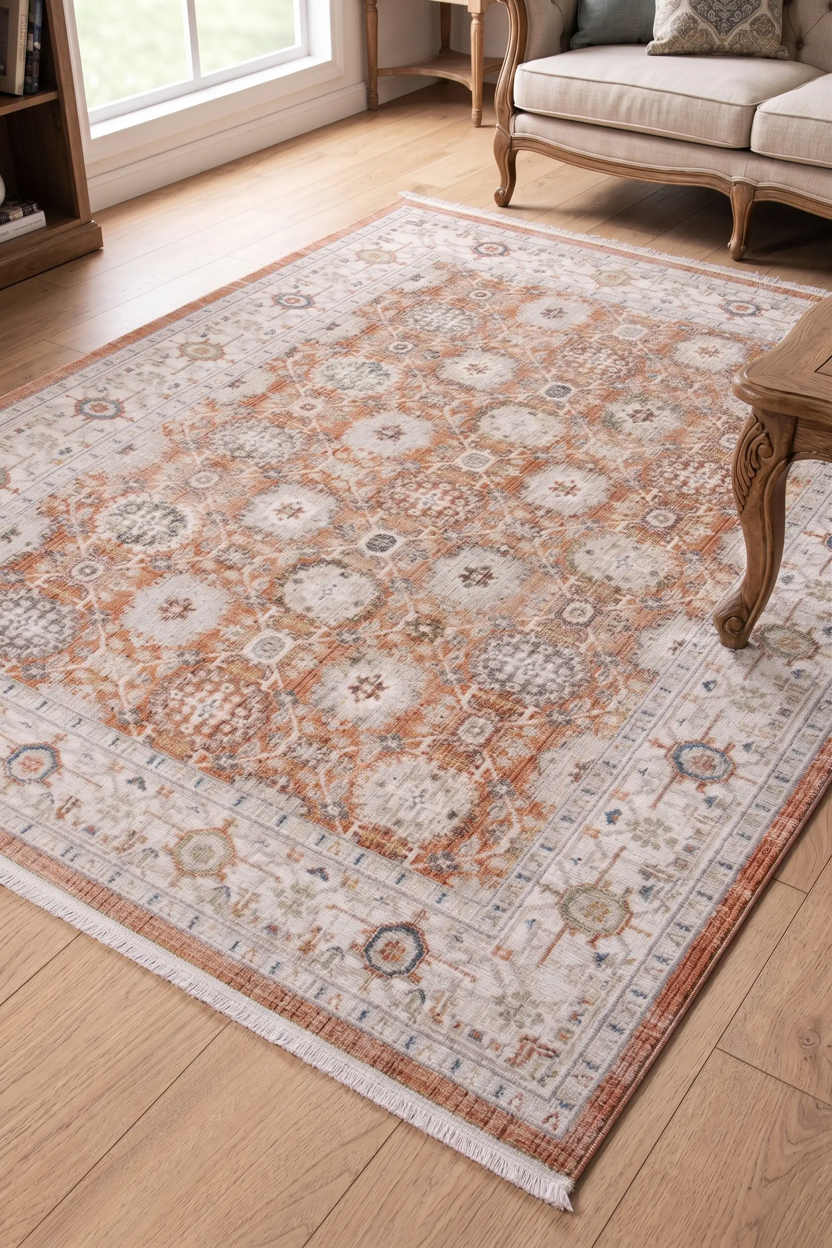 Afife Antik Dokuma Halı Otantik Orient Desenli Salon Oturma Odası Halısı Klasik Çerçeve Desenli Ekstra Yumuşak Modern Halı - Turuncu