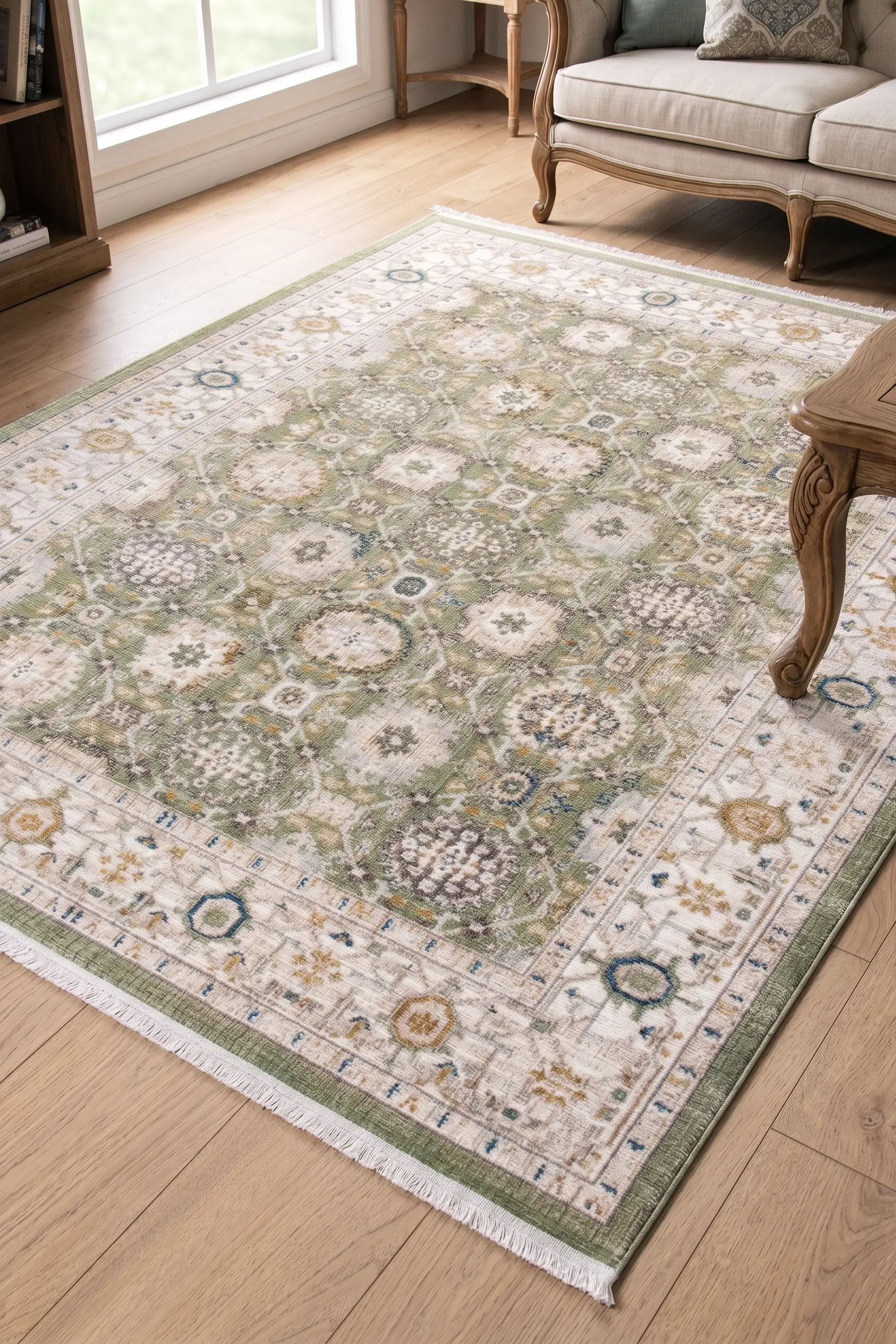 Afife Antik Dokuma Halı Otantik Orient Desenli Salon Oturma Odası Halısı Klasik Çerçeve Desenli Ekstra Yumuşak Modern Halı - Yeşil