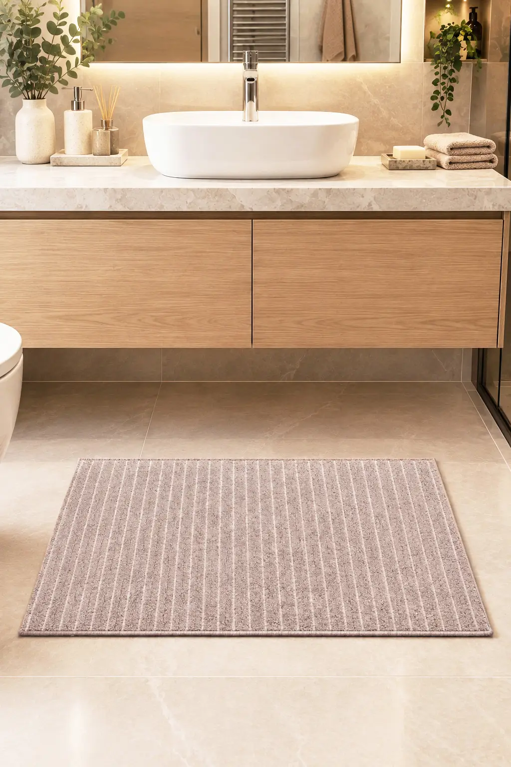 Banyo Paspası Yıkanabilir Dokuma Yüzey Kaymaz Taban Banyo Halısı Paspas - Bej