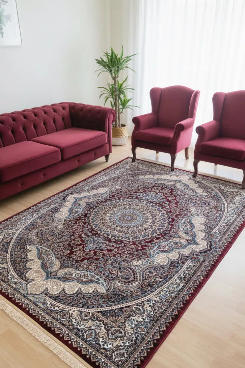 İpek Antik Salon Halısı Oturma Odası Halısı 6m² Klasik Çerçeveli Göbekli Desen Kaymaz Deri Tabanlı Dokuma Halı - Renkli