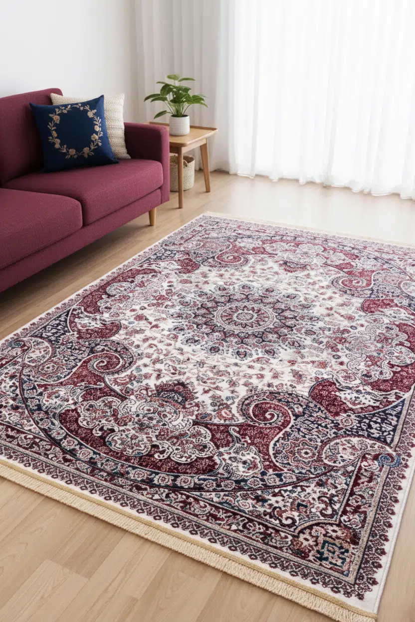 İpek Safran Salon Halısı Oturma Odası Halısı 6m² Klasik Çerçeveli Göbekli Desen Kaymaz Deri Tabanlı Dokuma Halı - Renkli