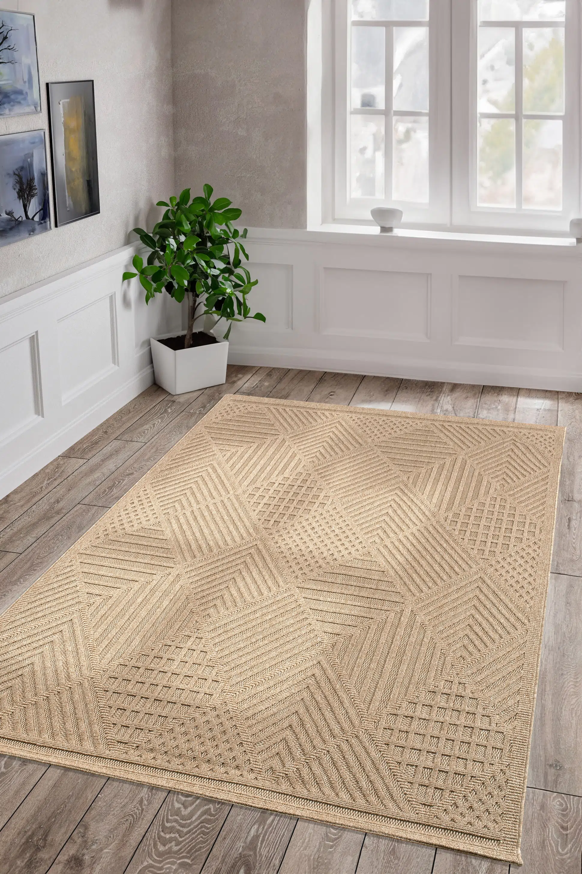 Fava Yumuşak Örgü Bukle Modern Dokuma Halı Çocuk Oturma Odası Halısı Salon Mutfak Halısı - Bej