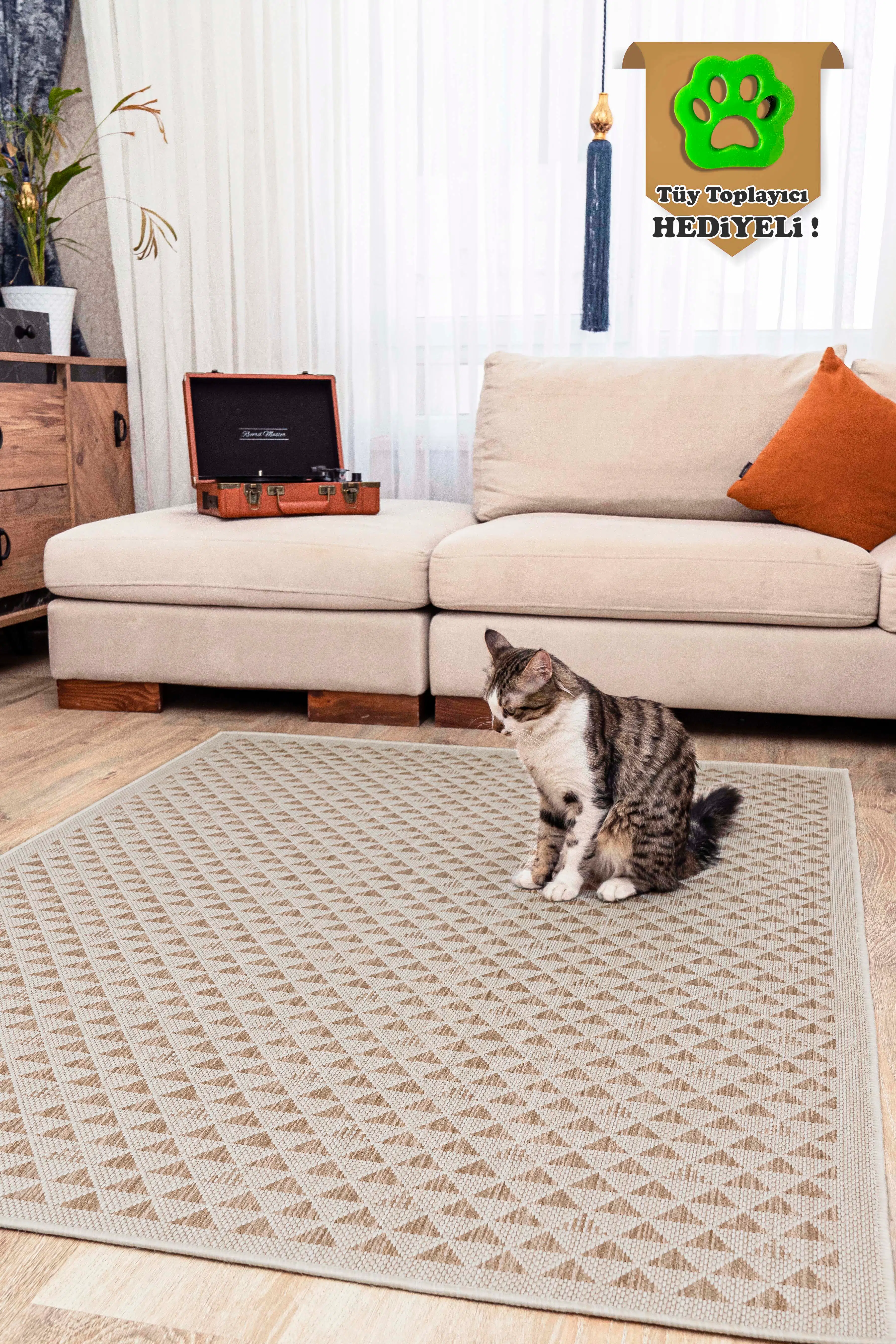 Kedi Köpek Evcil Hayvan Halısı Kolay Temizlenebilir Hasır Halı Beda Pet - Bej