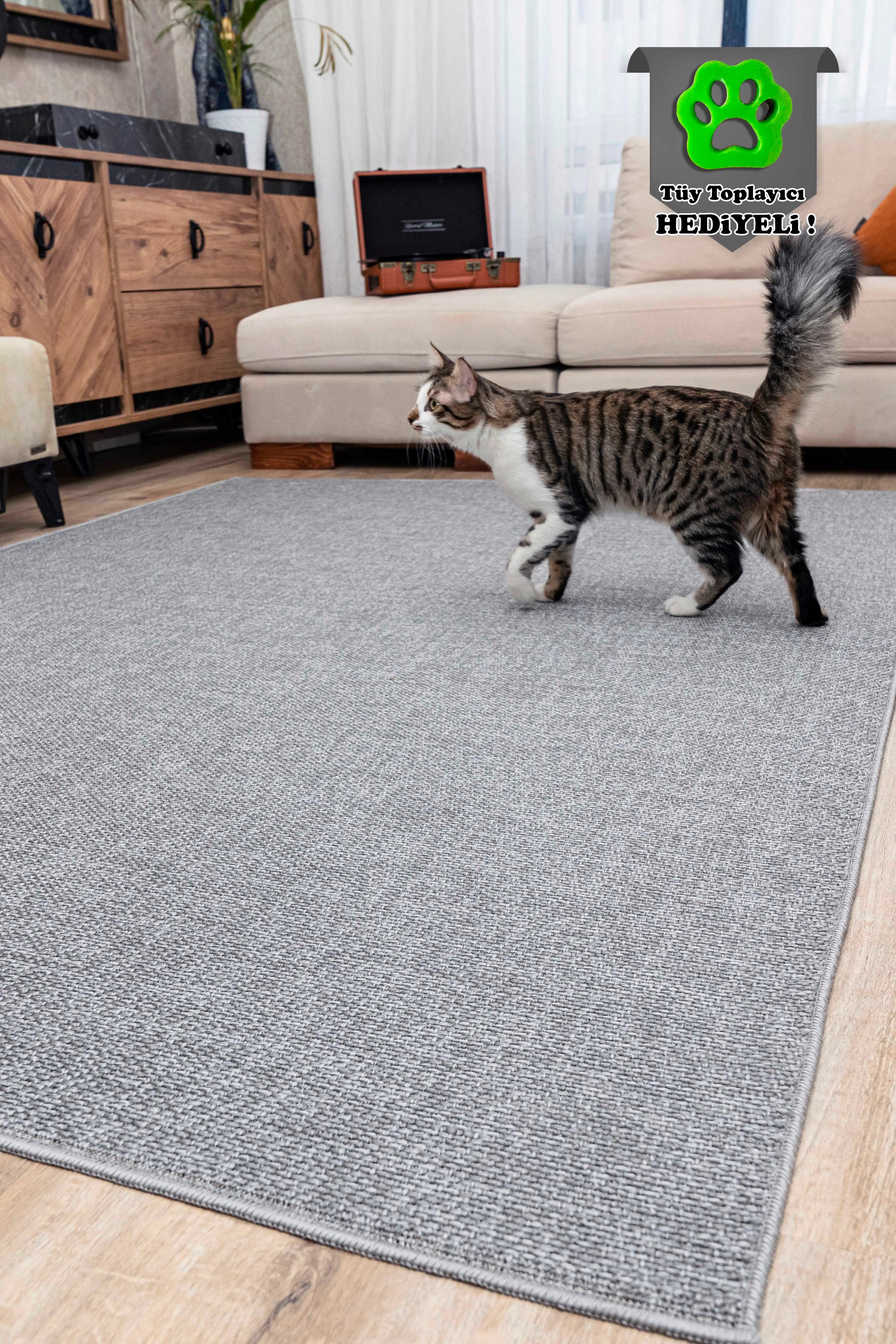 Kedi Köpek Evcil Hayvan Halısı Kolay Temizlenebilir Naturel Jüt Halı Örme Kilim - Gri