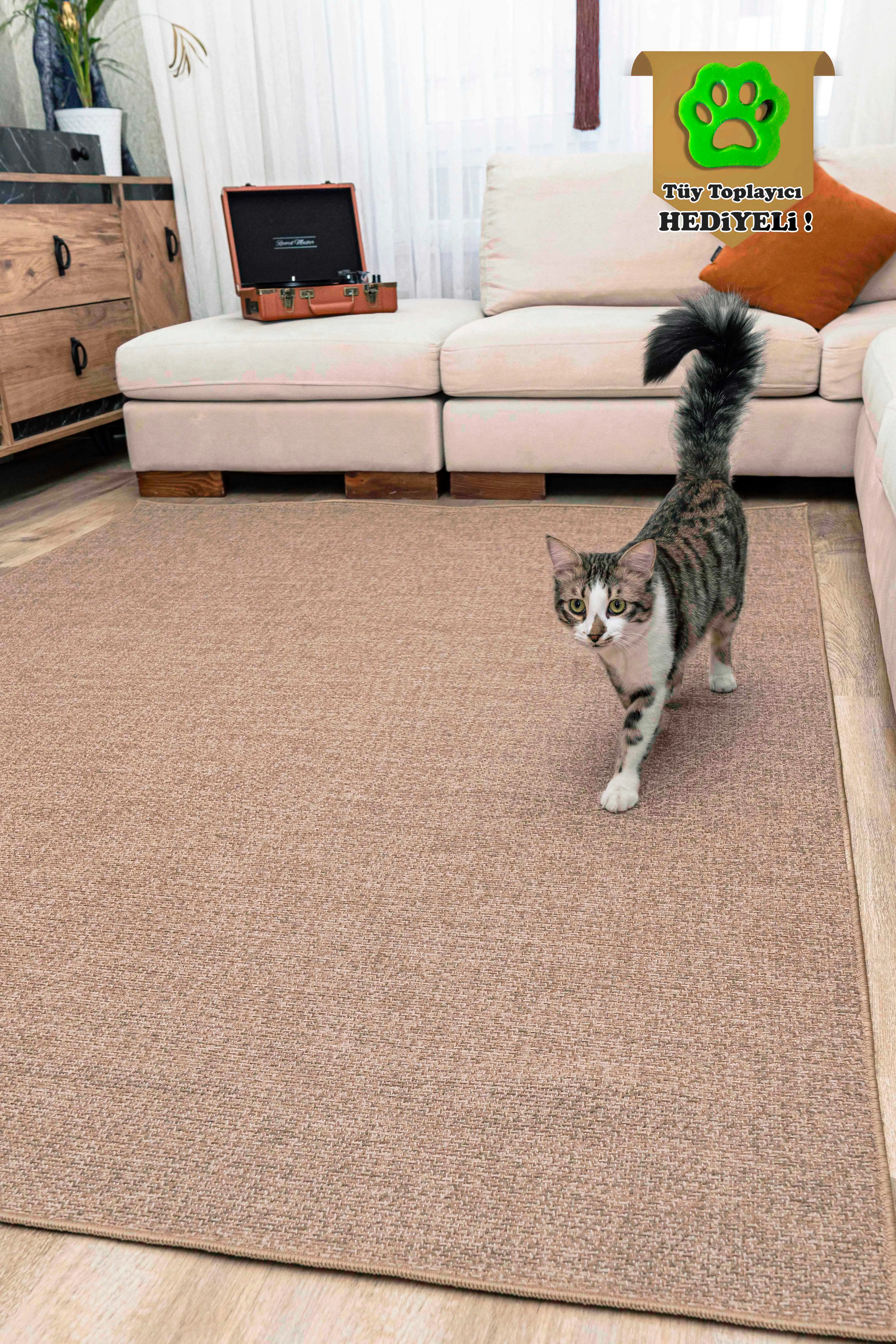 Kedi Köpek Evcil Hayvan Halısı Kolay Temizlenebilir Naturel Jüt Halı Örme Kilim - Bej