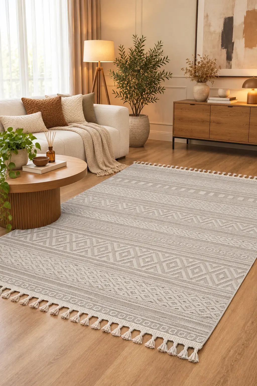 Modern Bukle Halı Loop Dokuma Bukleli Oturma Odası Halısı Salon Mutfak Halısı - Krem Bej