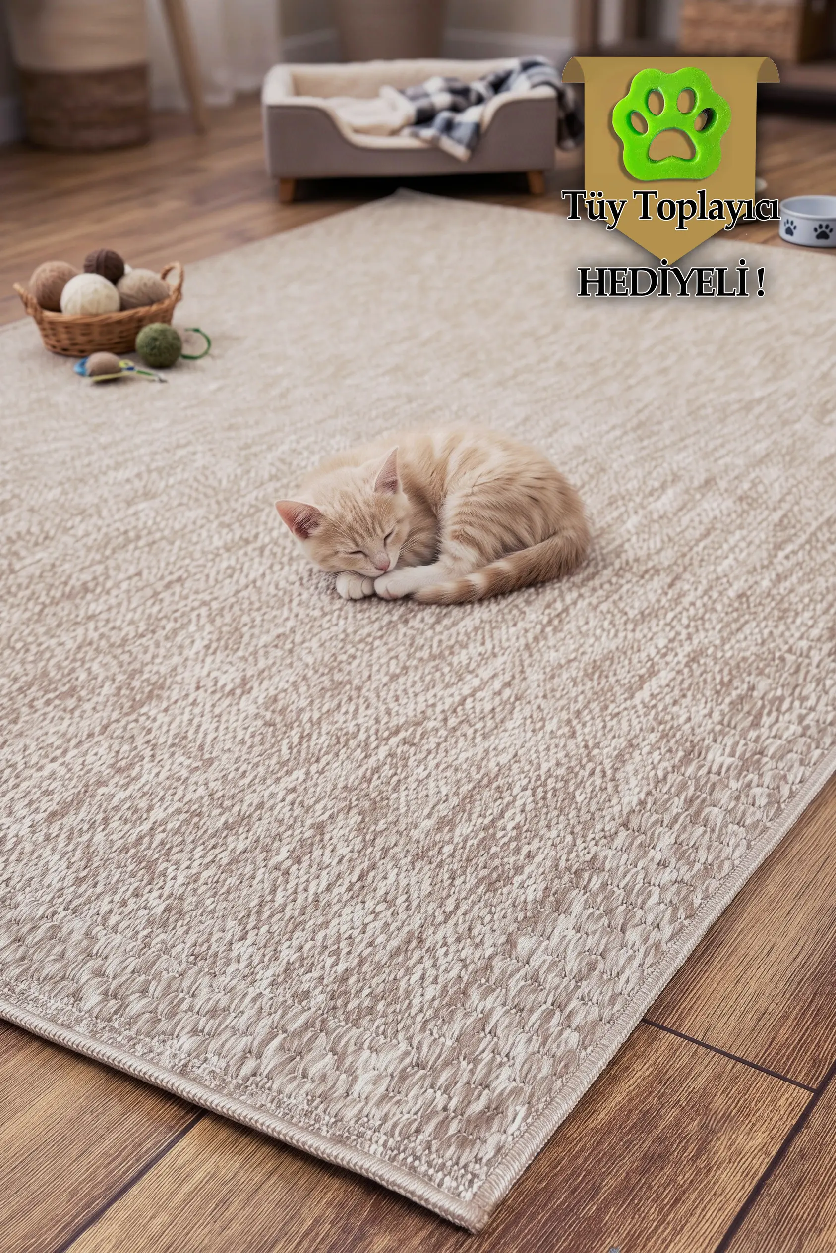 Pati Dostu Evcil Hayvan Halısı (Hediyeli) Örme Kilim Sisal Jüt Halı Kolay Temizlenebilir - Krem