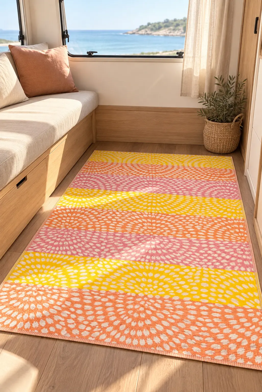 Plaj Hasırı Piknik Halısı Çift Taraflı Katlanabilir Kilim Balkon Bahçe Kamp Karavan Halısı Yıkanabilir Mat - Sarı Turuncu