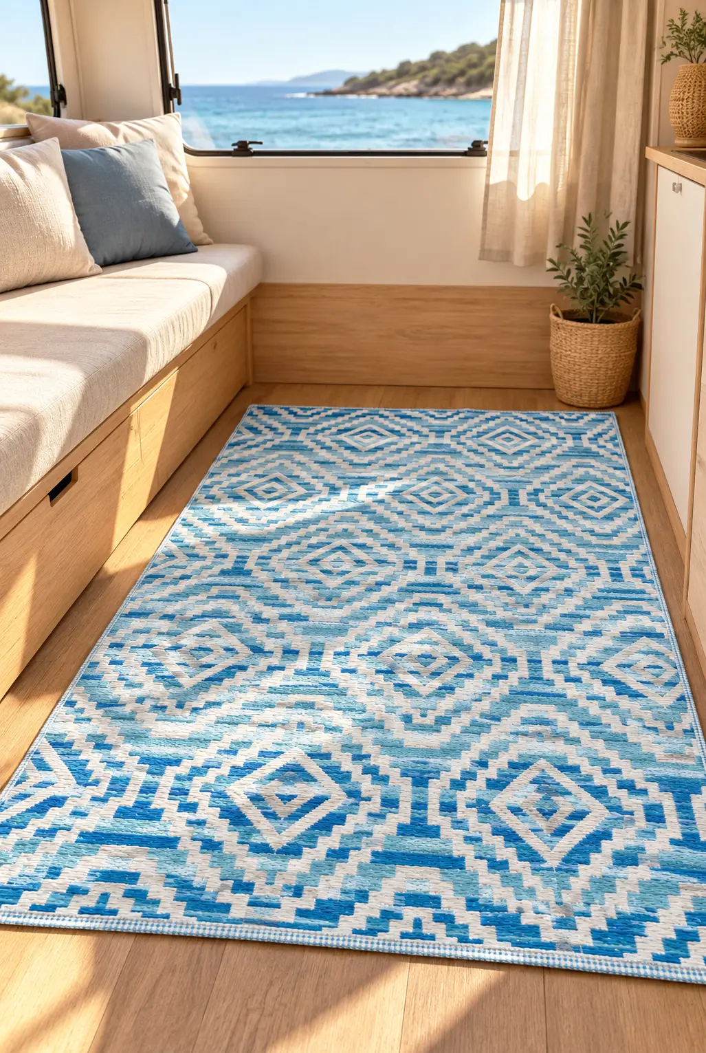 Plaj Hasırı Piknik Halısı Çift Taraflı Katlanabilir Kilim Balkon Bahçe Kamp Karavan Halısı Yıkanabilir Mat - Mavi