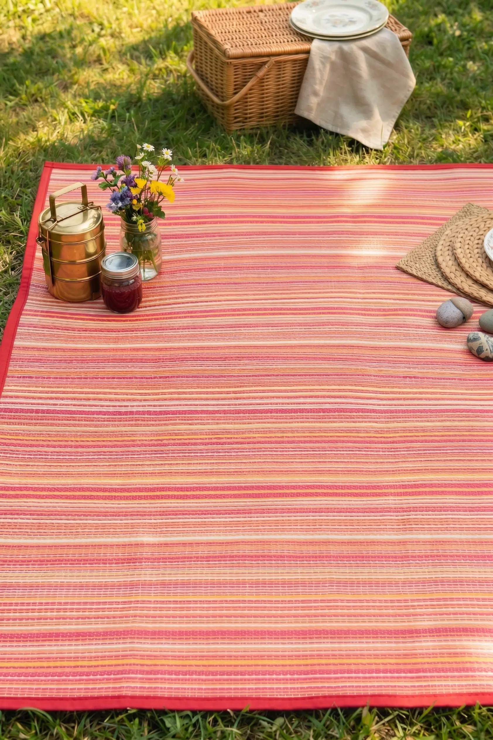 Plaj Karavan Halısı Hasır Kilim Katlanabilir Halı Balkon Teras Bahçe Kamp Piknik Halısı - Sarı Pembe