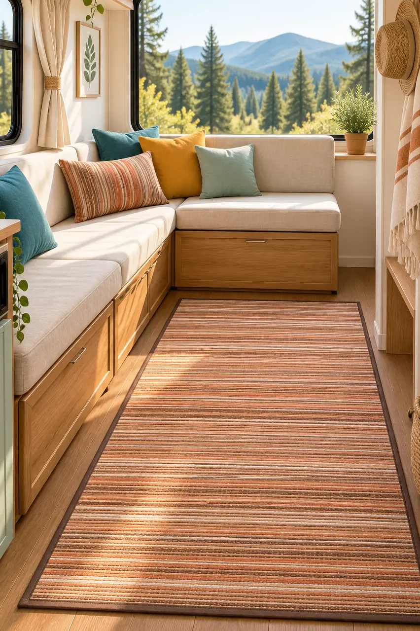 Plaj Karavan Halısı Hasır Kilim Katlanabilir Halı Balkon Teras Bahçe Kamp Piknik Halısı - Bej Turuncu