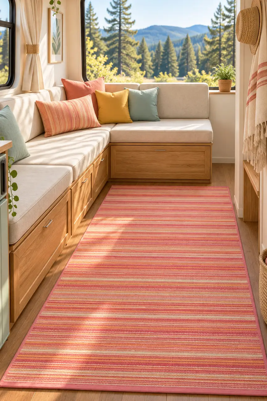 Plaj Karavan Halısı Hasır Kilim Katlanabilir Halı Balkon Teras Bahçe Kamp Piknik Halısı - Sarı Pembe