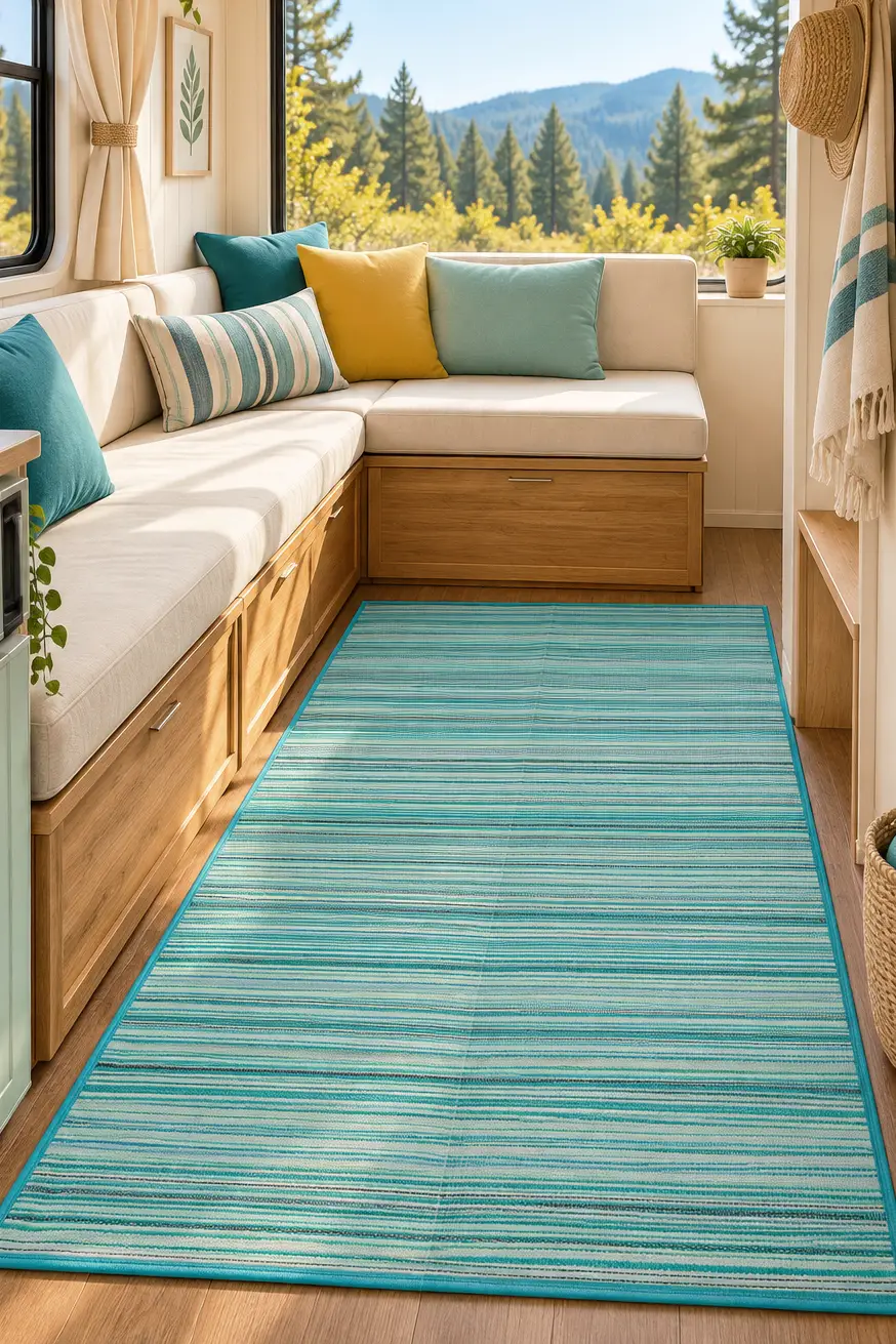 Plaj Karavan Halısı Hasır Kilim Katlanabilir Halı Balkon Teras Bahçe Kamp Piknik Halısı - Turkuaz