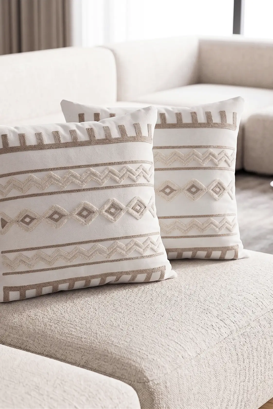 Punch Kırlent Kılıfı 2 adet Nakışlı 43x43cm Dekoratif İşlemeli Yastık Kılıf Seti İskandinav Bohem Panç Örgü - bej krem