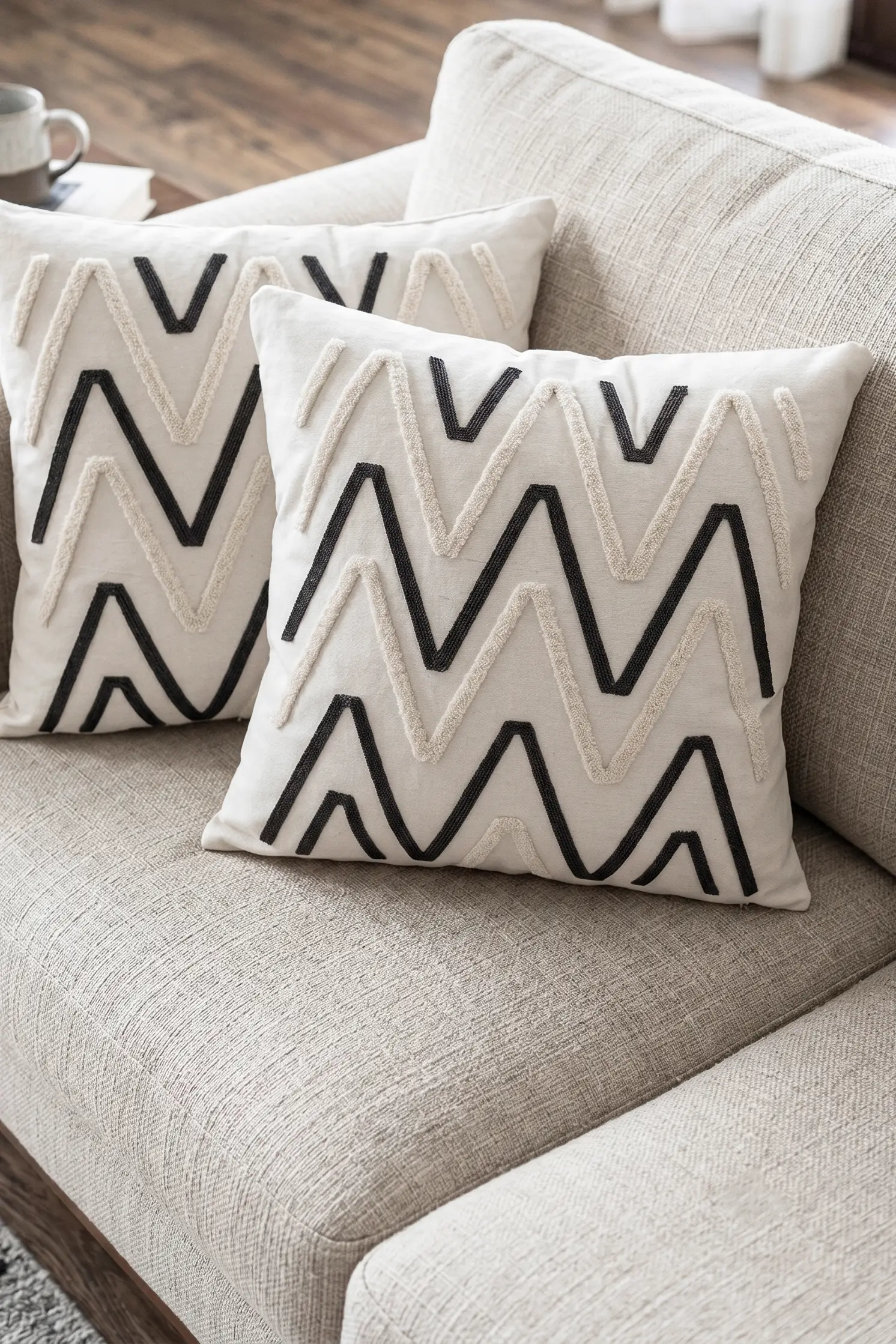 Punch Kırlent Kılıfı 2 adet Nakışlı 43x43cm Dekoratif İşlemeli Yastık Kılıf Seti İskandinav Bohem Panç Örgü - beyaz siyah