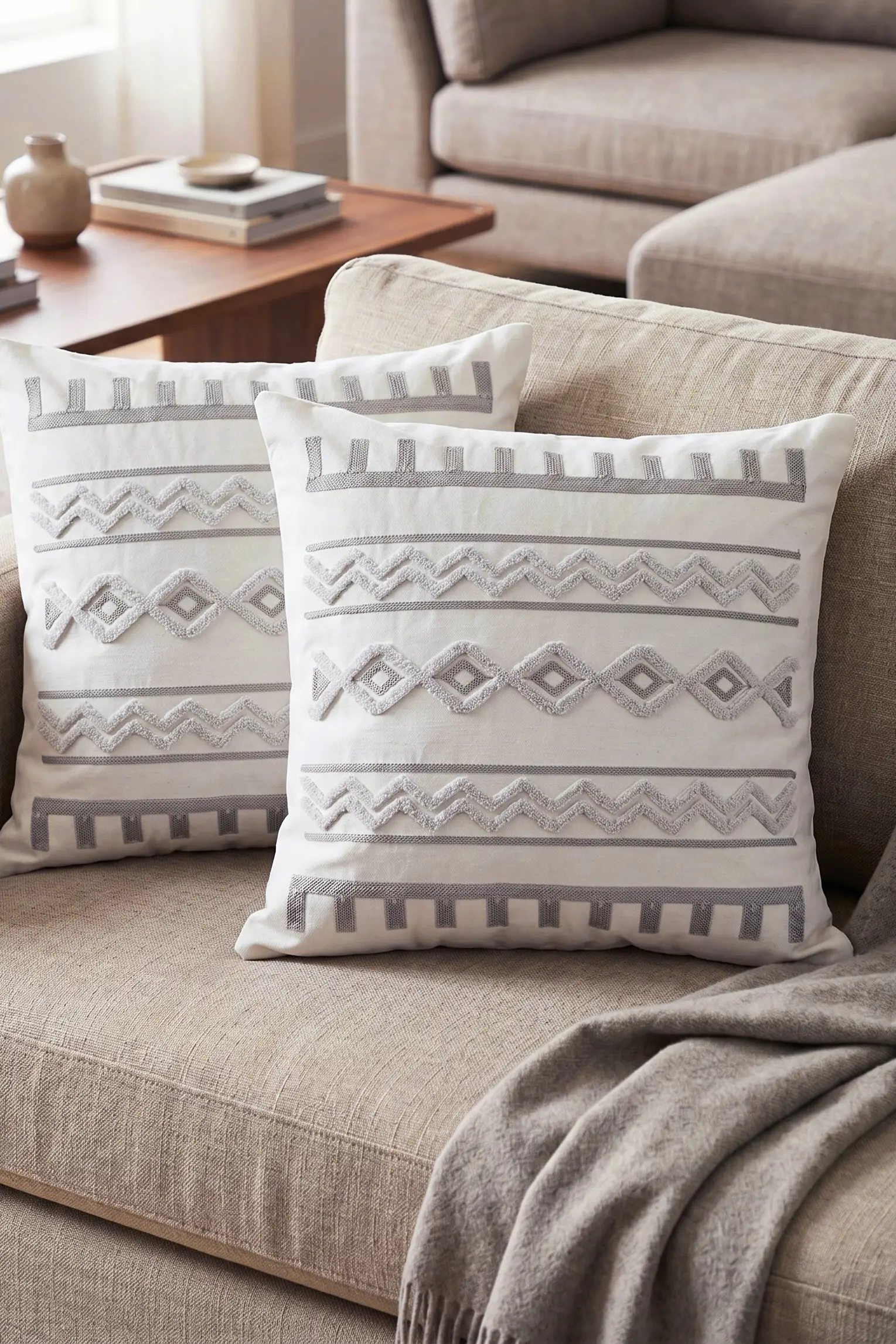 Punch Kırlent Kılıfı 2 adet Nakışlı 43x43cm Dekoratif İşlemeli Yastık Kılıf Seti İskandinav Bohem Panç Örgü - gri krem