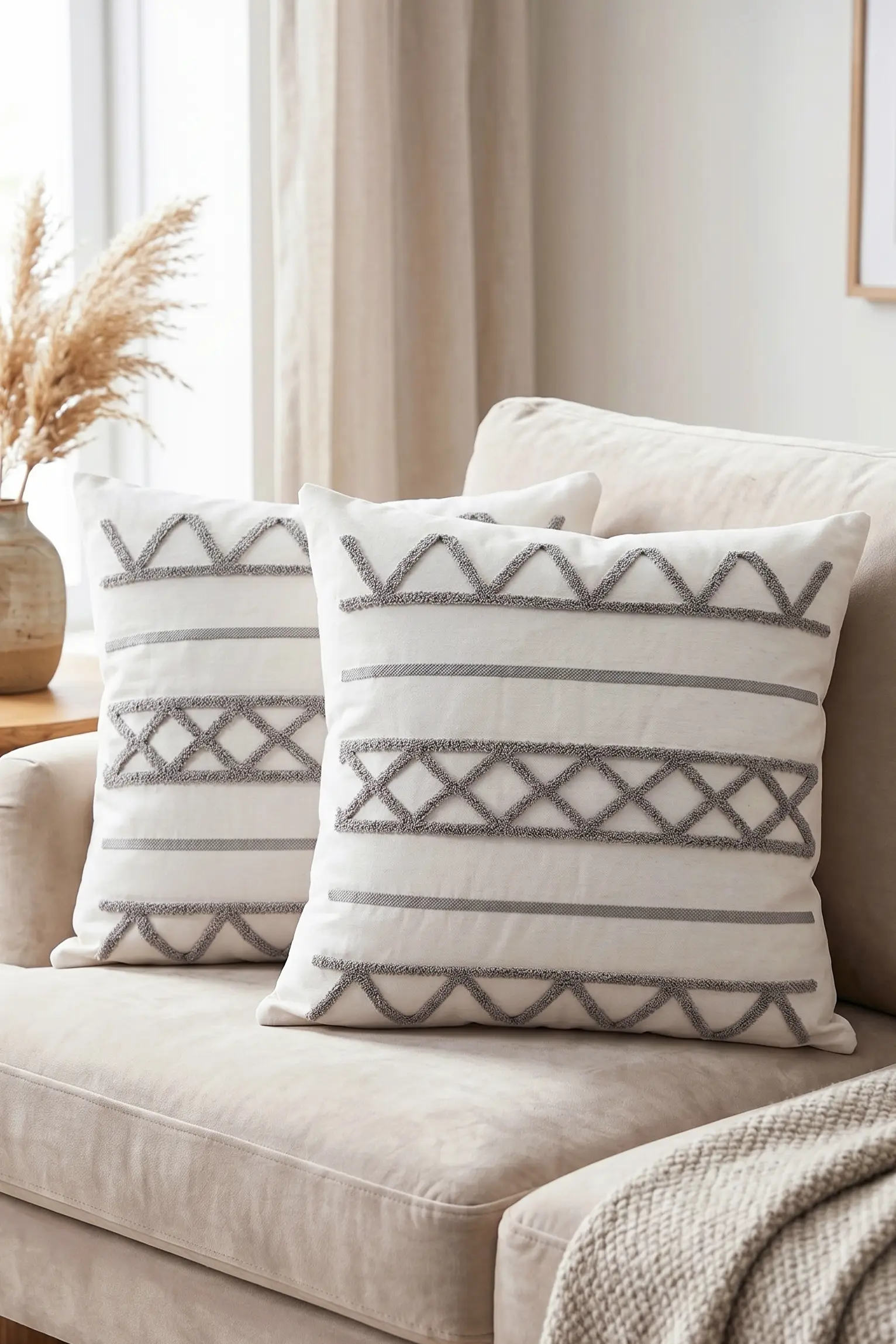 Punch Kırlent Kılıfı 2 adet Nakışlı 43x43cm Dekoratif İşlemeli Yastık Kılıf Seti İskandinav Bohem Panç Örgü - gri