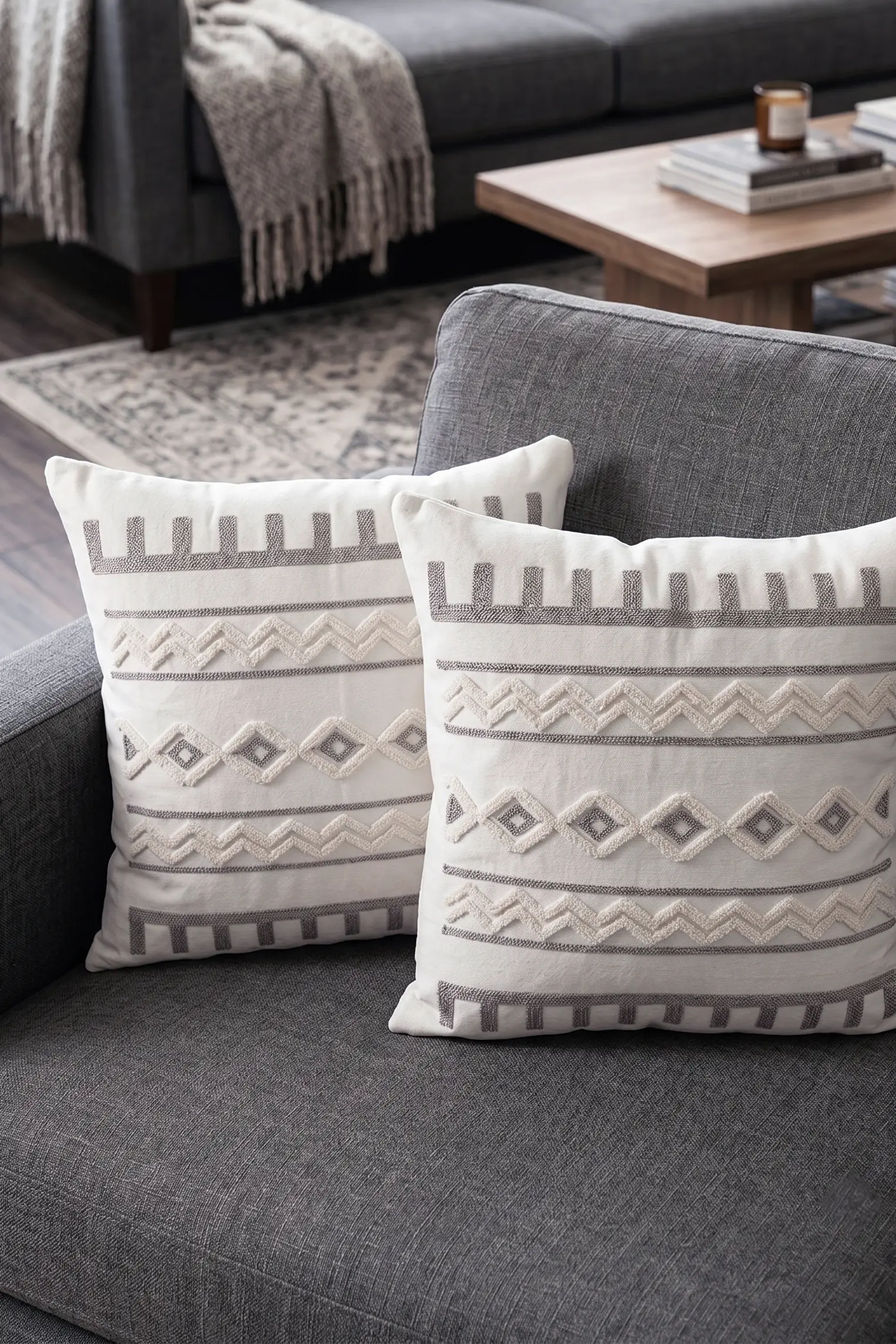 Punch Kırlent Kılıfı 2 adet Nakışlı 43x43cm Dekoratif İşlemeli Yastık Kılıf Seti İskandinav Bohem Panç Örgü - krem gri