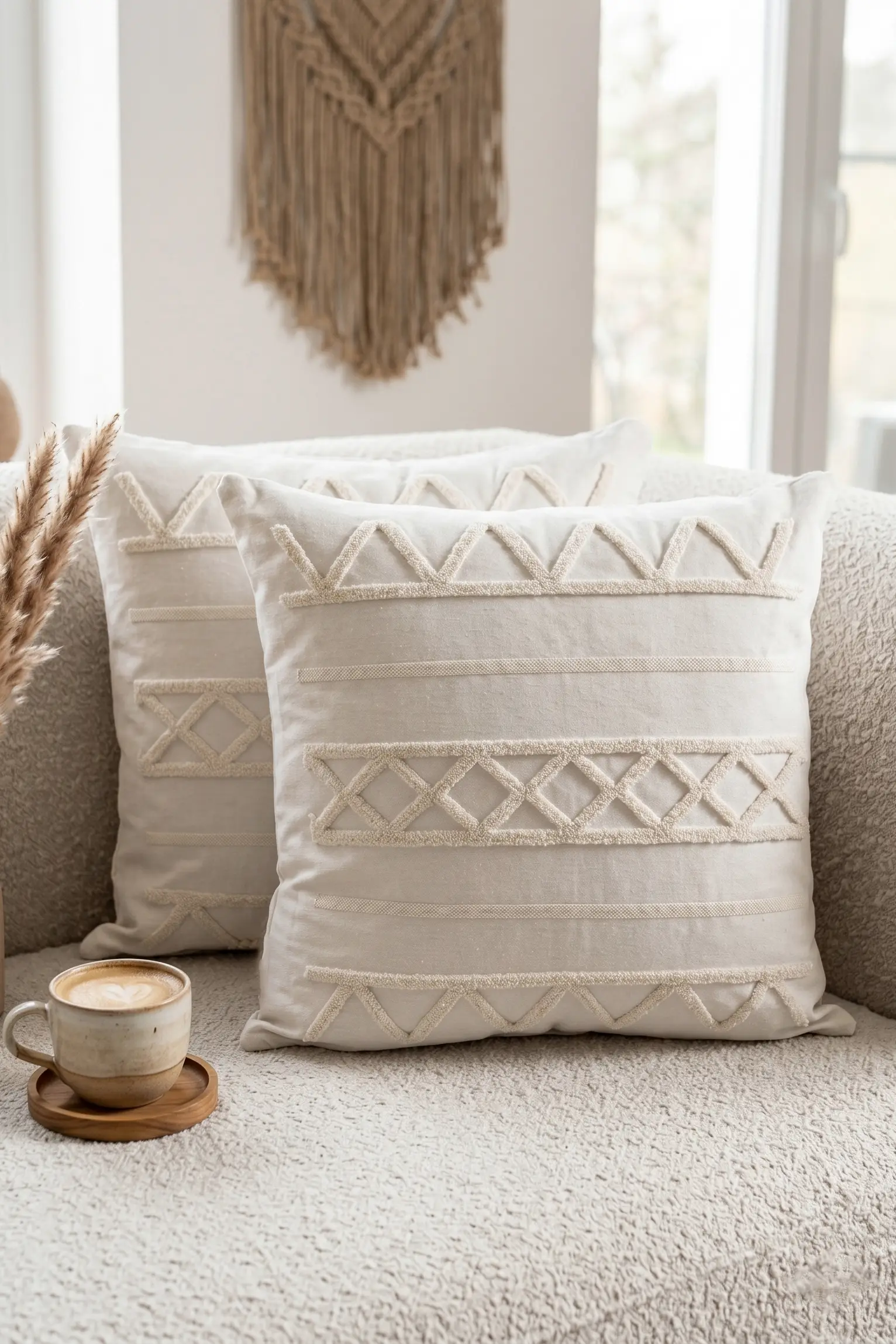 Punch Kırlent Kılıfı 2 adet Nakışlı 43x43cm Dekoratif İşlemeli Yastık Kılıf Seti İskandinav Bohem Panç Örgü - krem