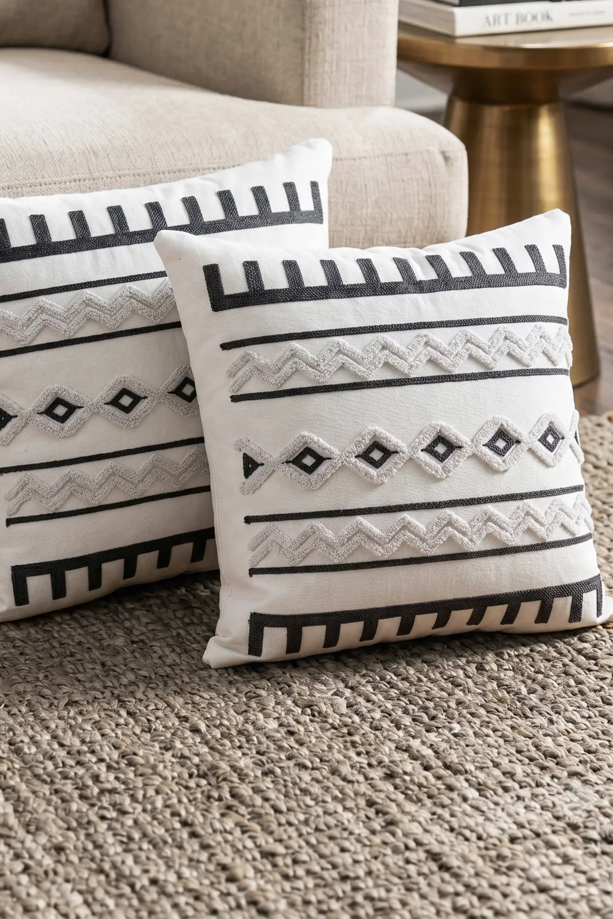 Punch Kırlent Kılıfı 2 adet Nakışlı 43x43cm Dekoratif İşlemeli Yastık Kılıf Seti İskandinav Bohem Panç Örgü - siyah krem
