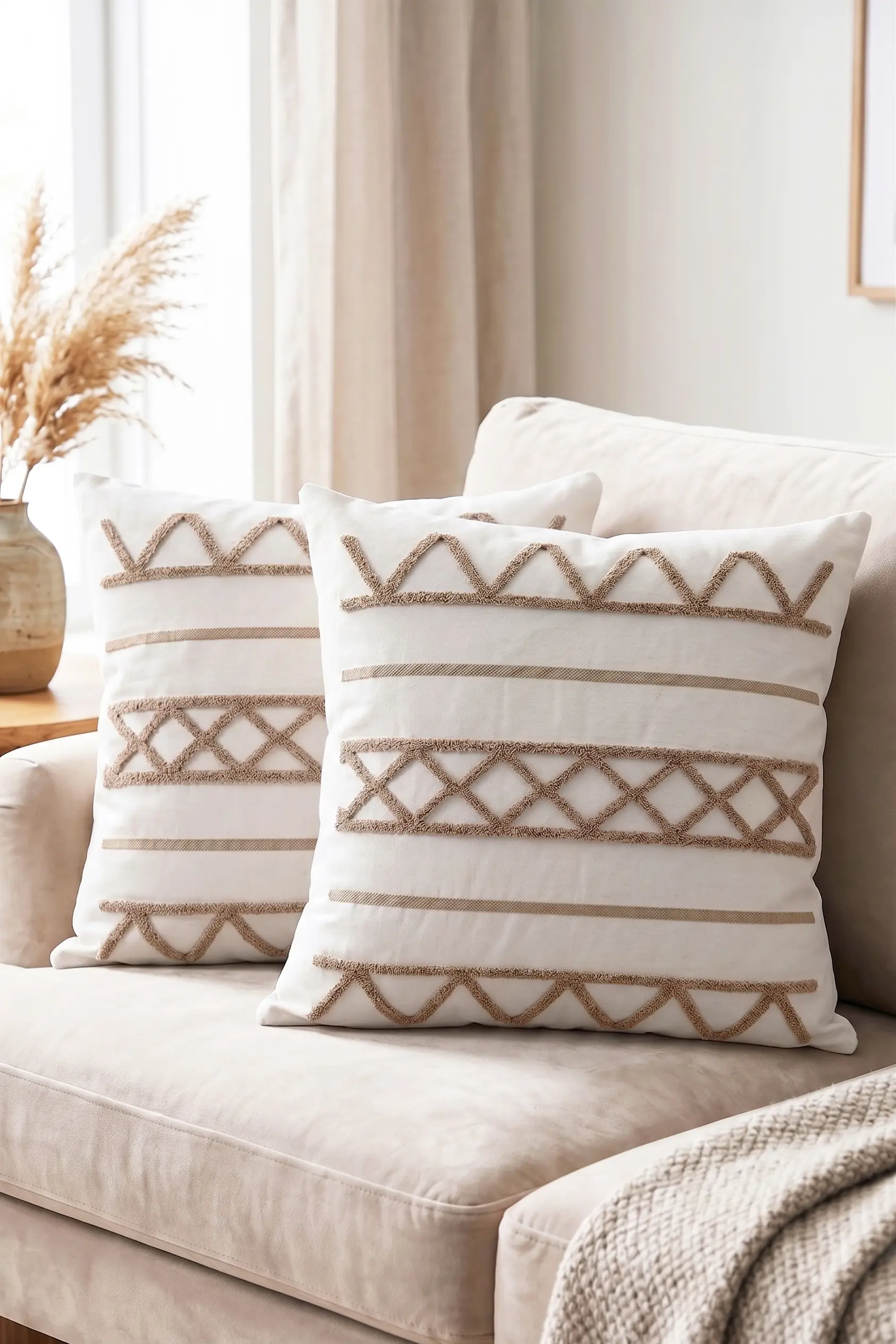 Punch Kırlent Kılıfı 2 adet Nakışlı 43x43cm Dekoratif İşlemeli Yastık Kılıf Seti İskandinav Bohem Panç Örgü - vizon