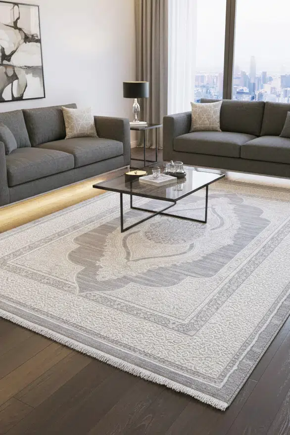 Quadro Salon Halısı Oturma Odası Halısı 4m² ve 6m² Klasik Desenli Yumuşak Modern Dokuma Halı - Gri