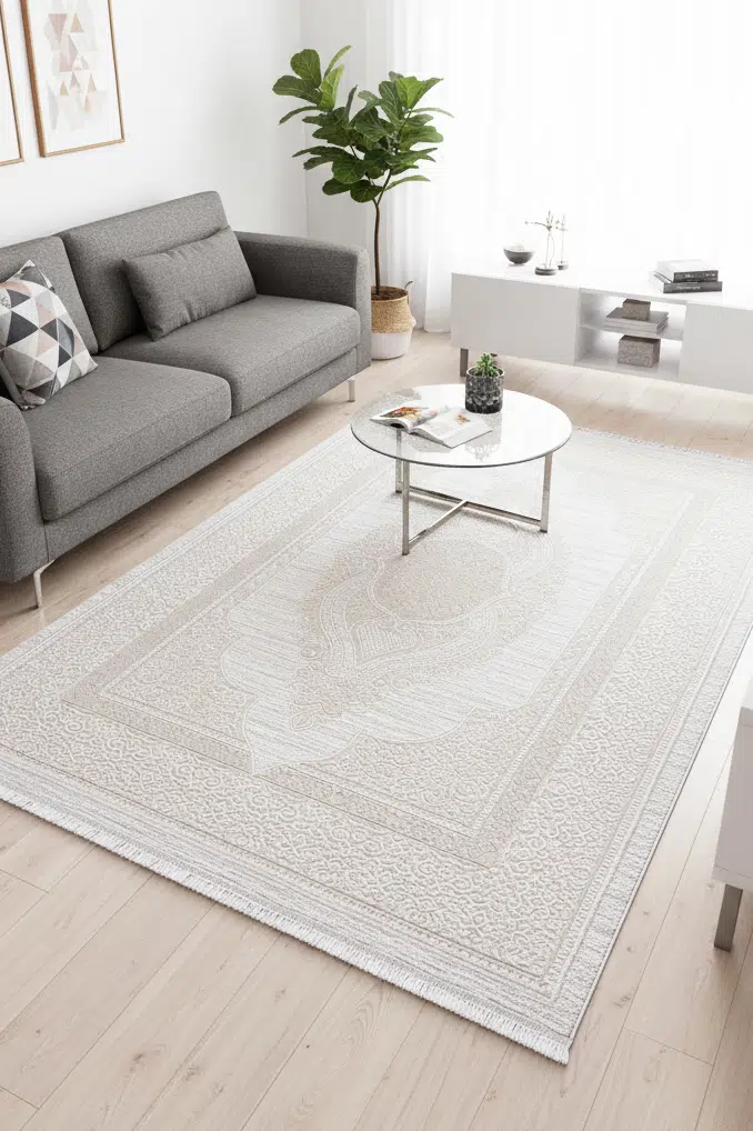 Quadro Salon Halısı Oturma Odası Halısı 4m² ve 6m² Klasik Desenli Yumuşak Modern Dokuma Halı - Krem