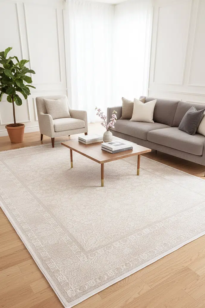 Rosa Salon Halısı Oturma Odası Halısı 4m² ve 6m² Klasik Desenli Yumuşak Modern Dokuma Halı - Krem