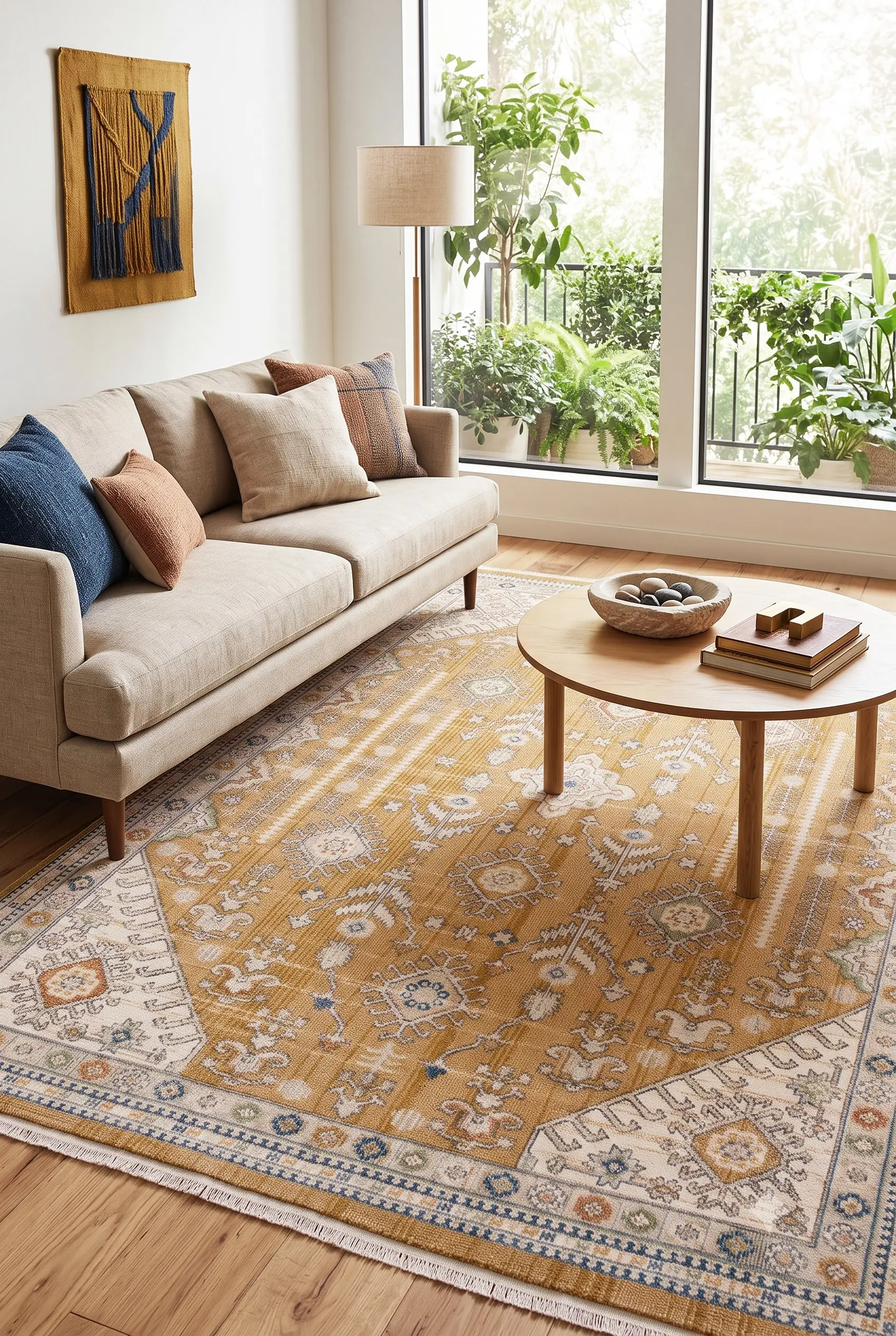 Vintage Dokuma Halı Antik Desenli Salon Oturma Odası Halısı Klasik Çerçeve Desenli Ekstra Yumuşak Modern Halı - Sarı
