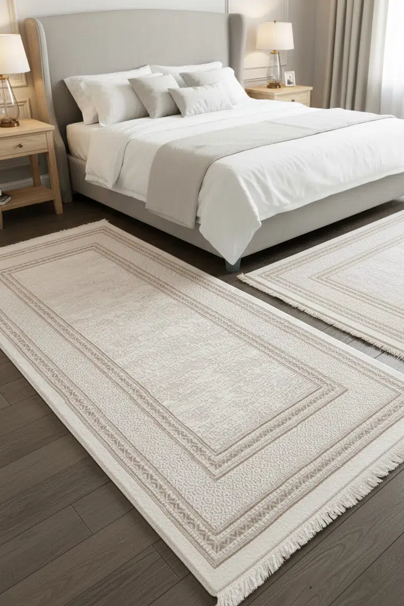 Yatak Odası Halısı 3'lü Set Klasik Desenli Halı 2 ad 80x150cm + 1 ad 80x300cm Yumuşak Dokuma Modern Halı - Bej
