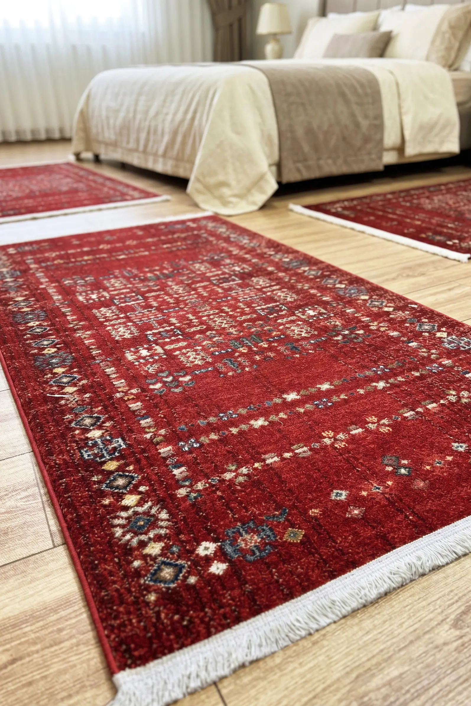 Yatak Odası Halısı 3'lü Takım Afgan Otantik Desenli Klasik Dokuma Halı 3 Parça Set - Kırmızı