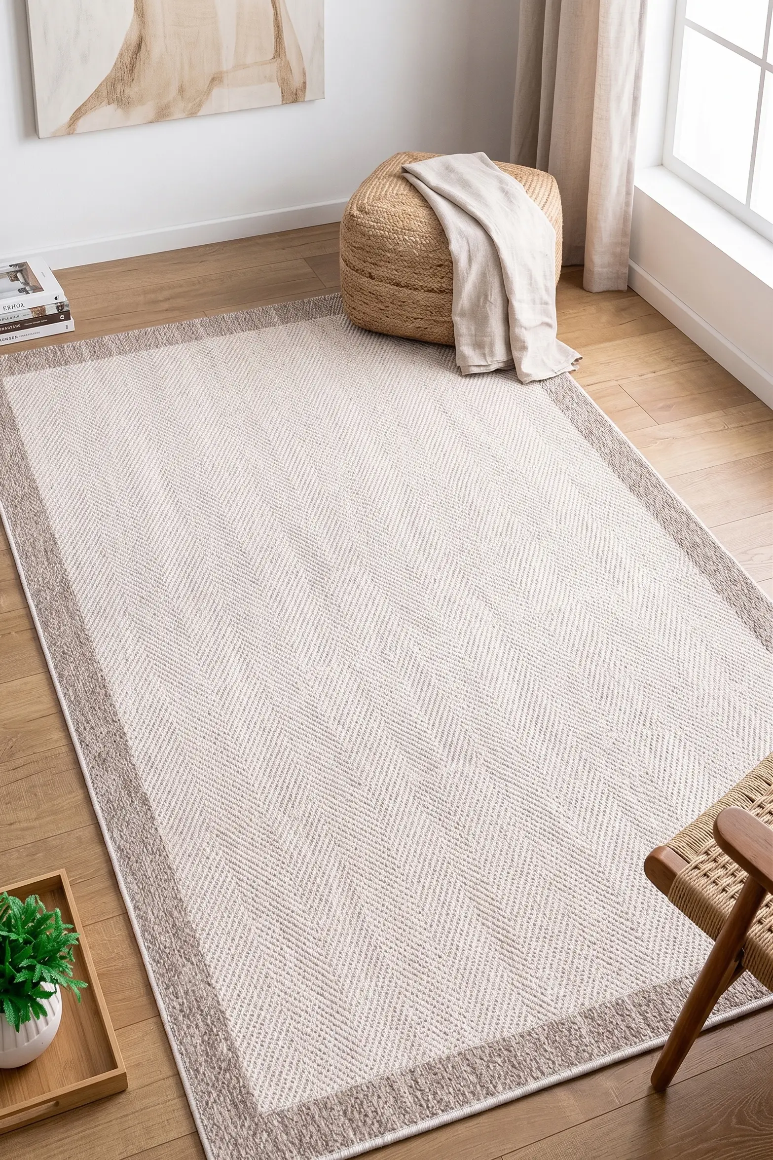 Yeni Nesil Çerçeveli Sisal Yumuşak Dokuma Kilim Kaymaz Pamuk Taban Bordürlü Halı - krem bej