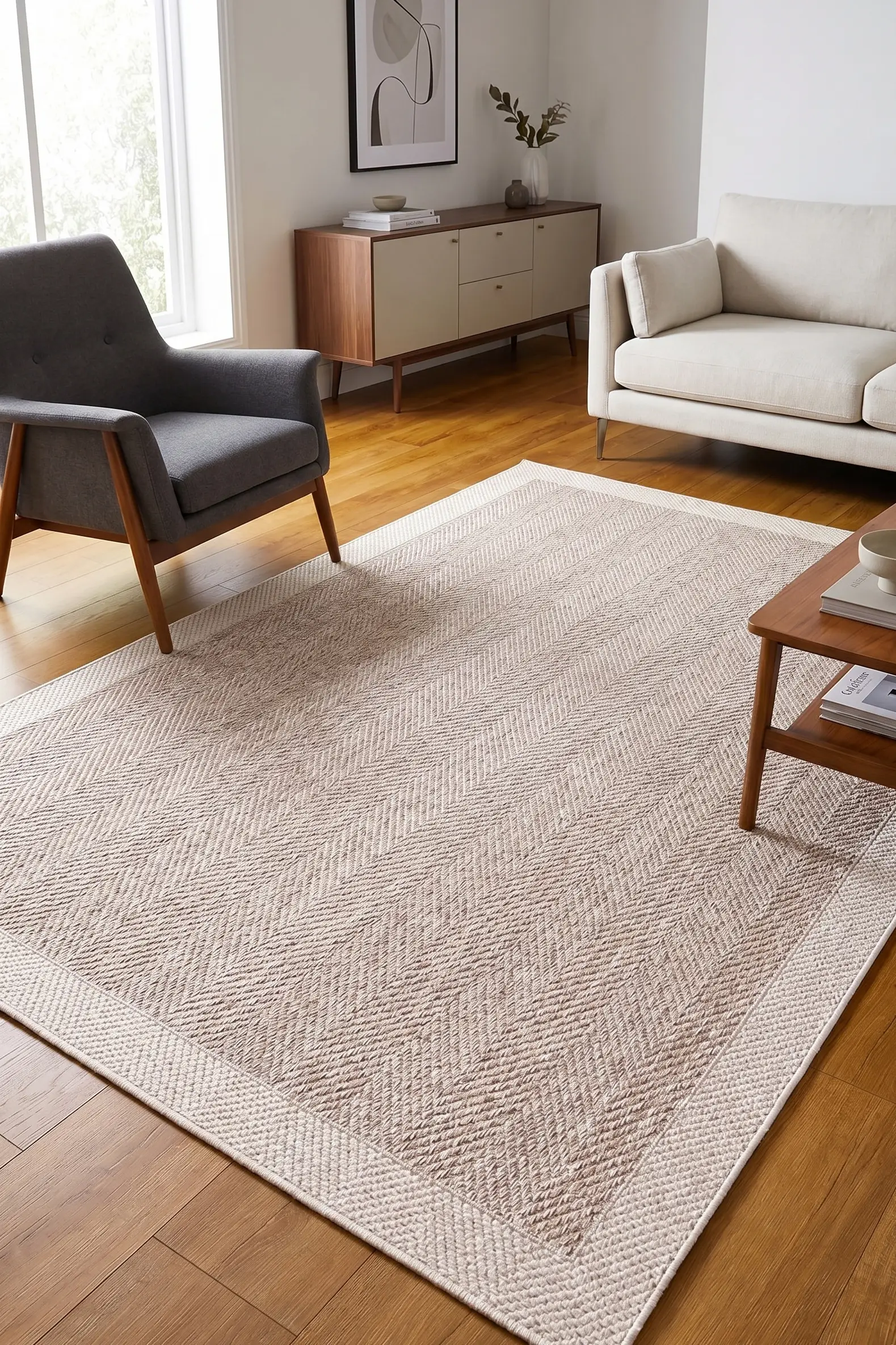 Yeni Nesil Çerçeveli Sisal Yumuşak Dokuma Kilim Kaymaz Pamuk Taban Bordürlü Halı - bej krem