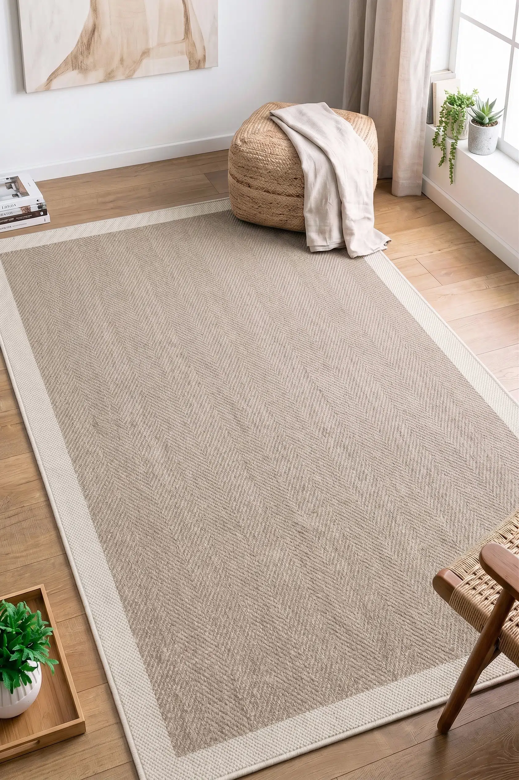 Yeni Nesil Çerçeveli Sisal Yumuşak Dokuma Kilim Kaymaz Pamuk Taban Bordürlü Halı - Vizon