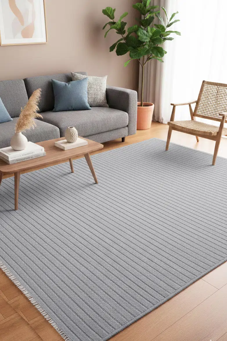 Yıkanabilir Pamuk Dokuma Kilim Doğal Kendinden Saçaklı Kaymaz Tabanlı Halı Salon Oturma Odası Mutfak Halısı - Gri