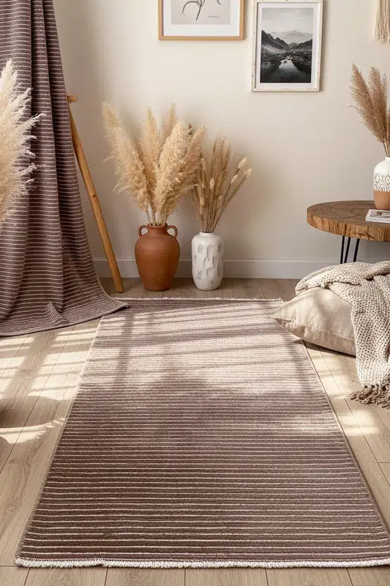 Yıkanabilir Pamuk Dokuma Kilim Doğal Kendinden Saçaklı Kaymaz Tabanlı Halı Salon Oturma Odası Mutfak Halısı - Vizon