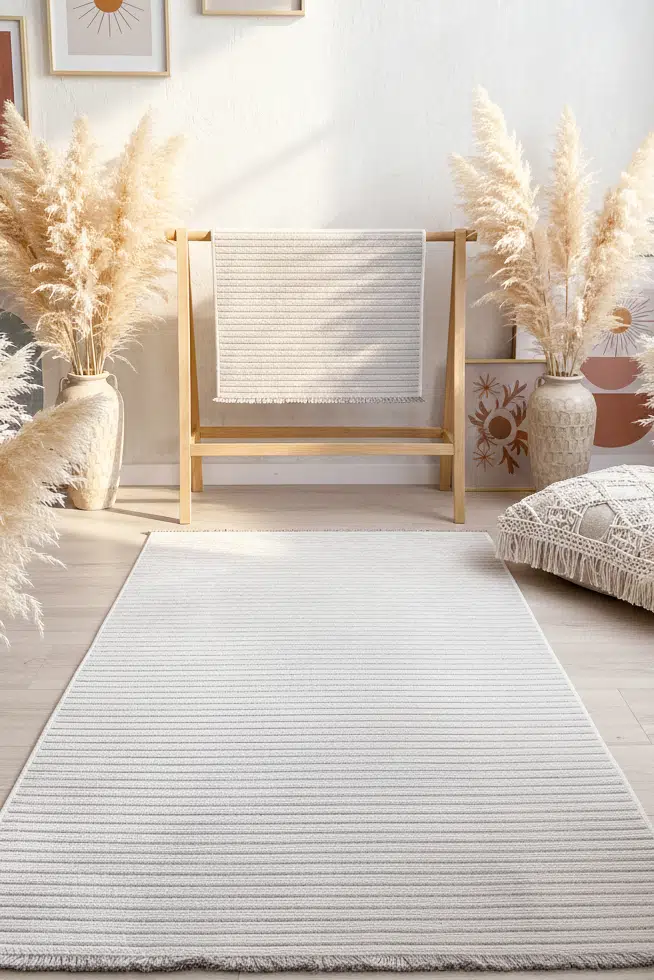 Yıkanabilir Pamuk Dokuma Kilim Doğal Kendinden Saçaklı Kaymaz Tabanlı Halı Salon Oturma Odası Mutfak Halısı - Kemik
