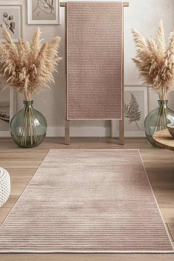 Yıkanabilir Pamuk Dokuma Kilim Doğal Kendinden Saçaklı Kaymaz Tabanlı Halı Salon Oturma Odası Mutfak Halısı - Bej