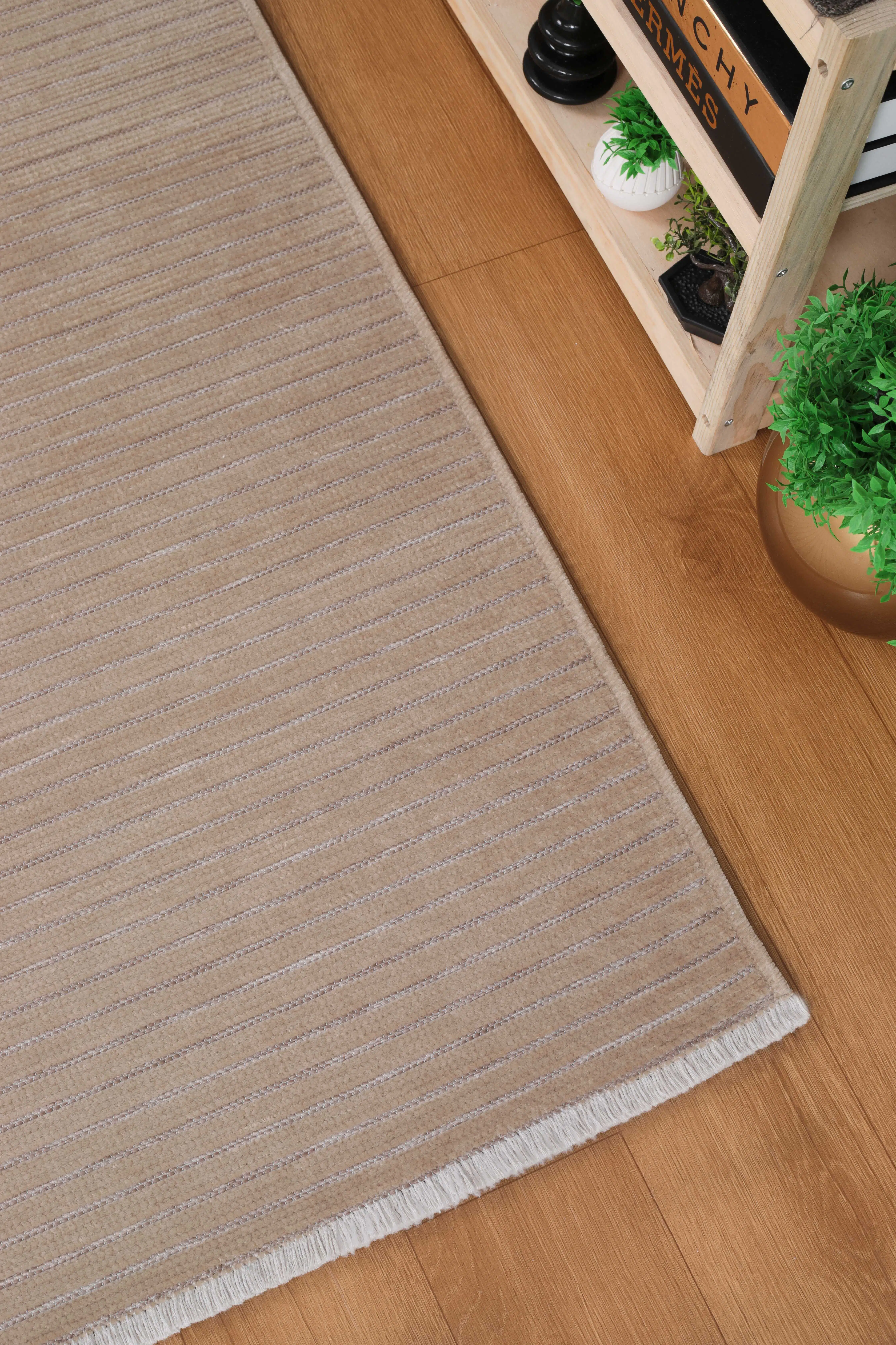 Yıkanabilir Pamuk Dokuma Kilim Doğal Kendinden Saçaklı Yolluk Kaymaz Tabanlı Halı - Bej