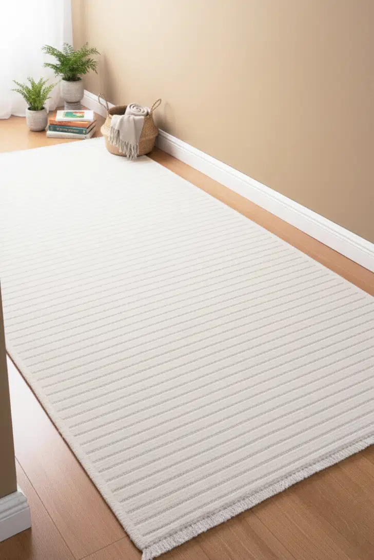 Yıkanabilir Pamuk Dokuma Kilim Doğal Kendinden Saçaklı Yolluk Kaymaz Tabanlı Halı - Krem