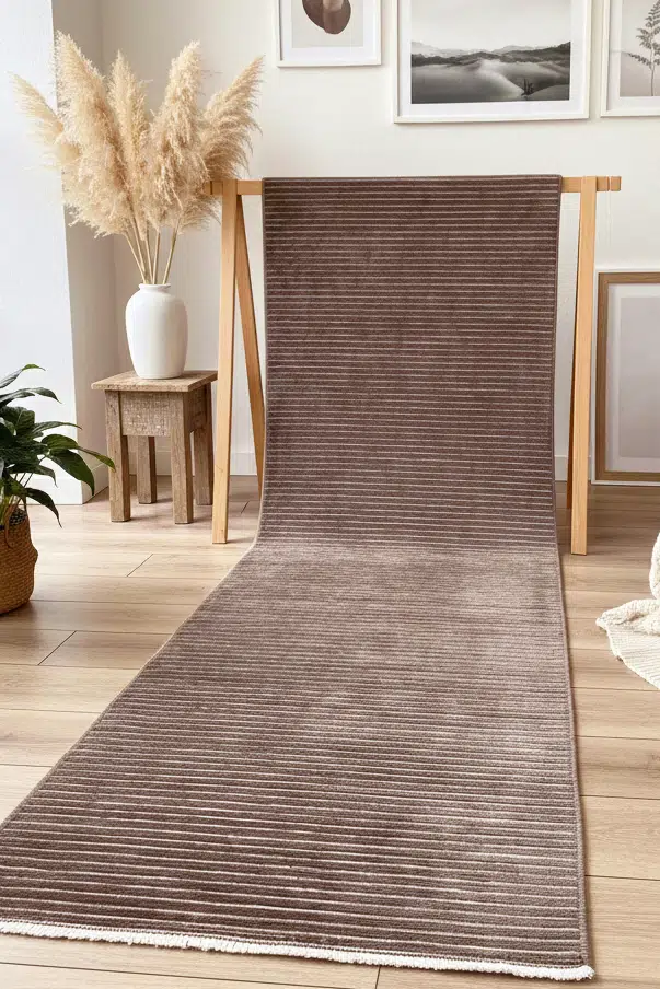 Yıkanabilir Pamuk Dokuma Kilim Doğal Kendinden Saçaklı Yolluk Kaymaz Tabanlı Halı - Kahverengi